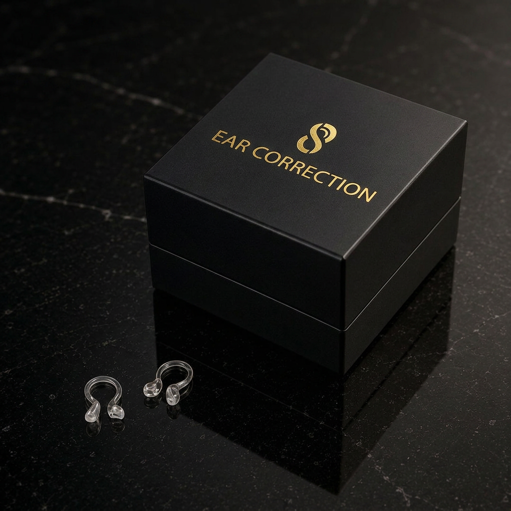 Caixa premium do Ear Correction com o par de corretores transparentes